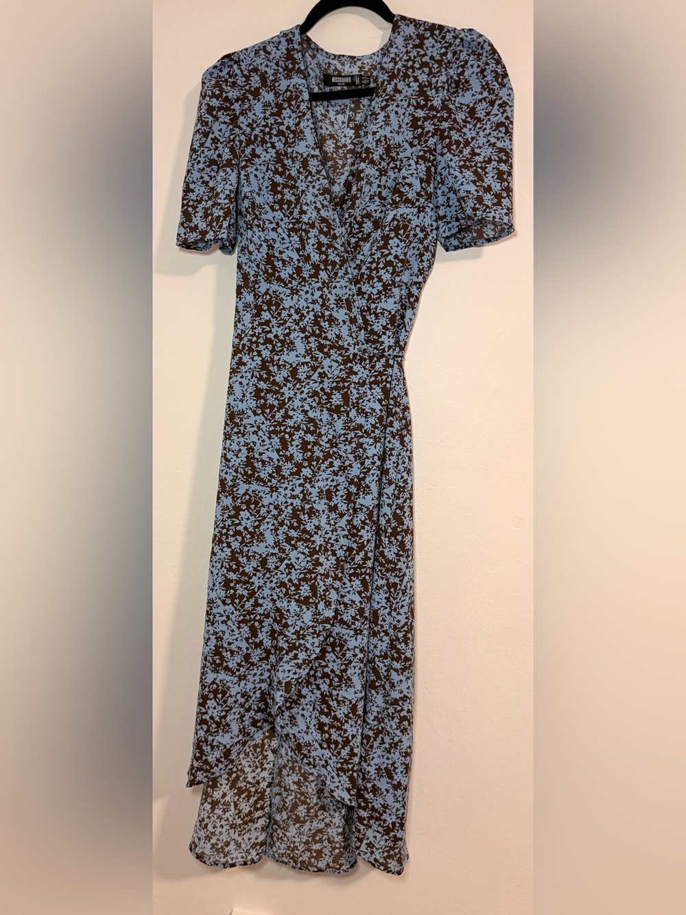 Missguided Black Blue Floral Ruffle Hem Long Sleeve Faux Wrap Dress Size 10